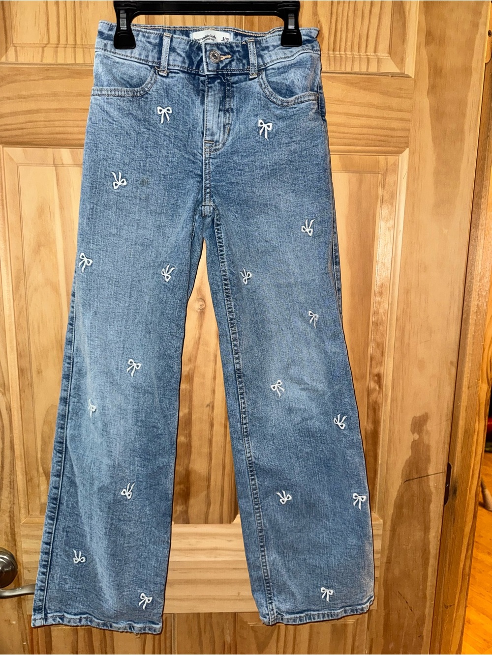 Abercrombie Kids Girls High Rise Wide Leg Embroidered Bow Jeans